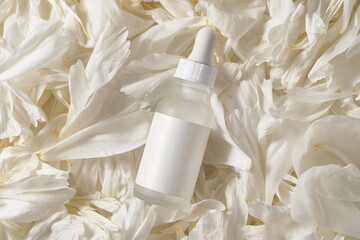 A jar of serum on the petals of a peony
