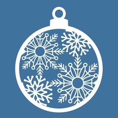 Christmas ball with snowflakes cut out of paper, template for Christmas cards. The image is suitable for laser cutting or printing. Festive background, vector illustration.