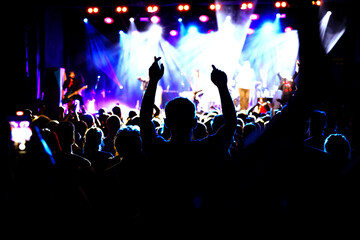 Fototapeta na wymiar Happy crowd with raised hands at a rock concert.
