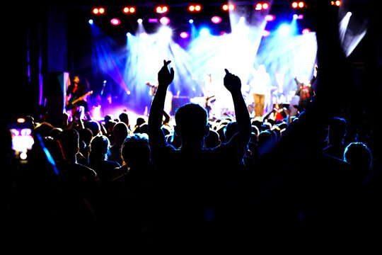Happy crowd with raised hands at a rock concert.