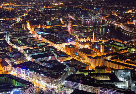 Aerial view of the Aldstadt (Old Town) district of Frankfurt illuminated at night