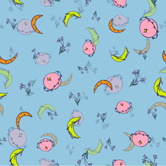 abstract celestial florals vector seamless pattern on blue background