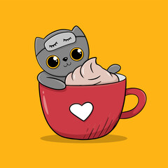 cartoon children illustration sleepy cat in a cup