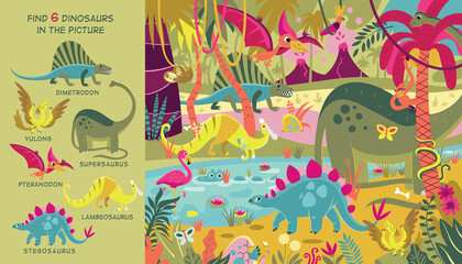 Plakat Jurassic Park. Find all the dinosaurs in the picture. Hidden Object Puzzle. Colorful Vector illustration, flat design
