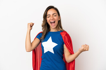 Super Hero woman over isolated white background celebrating a victory