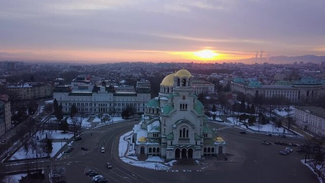 Sunrise in Sofia, Bulgaria, Alexander Nevsky, view from Drone