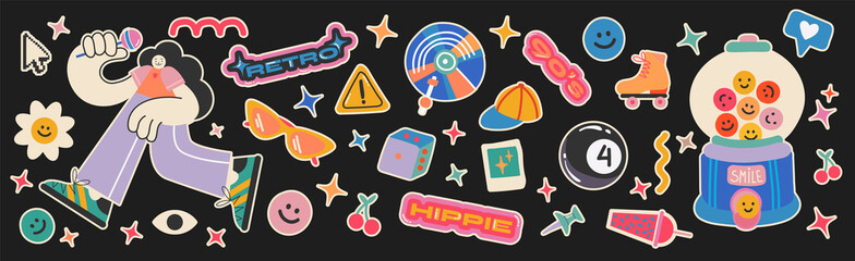 Naklejka premium Stickers hippie retro elements of psychedelic acid. with emo characters, retro girls. Funky vinyl records, rollers, slot machine with prizes, vintage set of hippie groovy style vector elements.