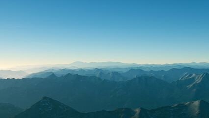 Misty blue mountains silhouette background