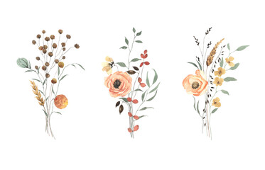 Floral set of bouquets with abstract delicate wildflowers and green plants, watercolor illustration isolated decors on white background for wedding, summer invitation or greeting cards.