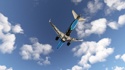 airplane flying in the cloudy blue sky, Botton view. Travel, trasportation, aviation and passenger airplane.
