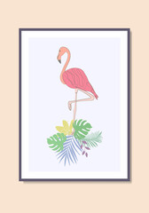 Flamingo and tropical leaves line drawing wall art print canvas poster illustration