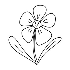 Black and white smiling face daisy chamomile flower doodle. Outline single simple vector design element isolated on white background. cute y2k 90s hippie clip art.