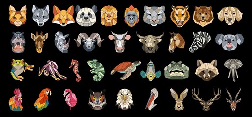 Big vector animal faces set. Abstract mosaic animals, birds and fish portraits. Abstract geometric animals illustrations. Totemic animal faces avatars.