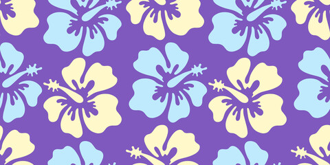 Hibiscus, Hawaii, vector seamless pattern in the style of doodles, hand-drawn