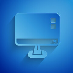 Paper cut Computer monitor screen icon isolated on blue background. Electronic device. Front view. Paper art style. Vector