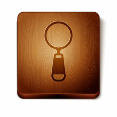 Brown Magnifying glass icon isolated on white background. Search, focus, zoom, business symbol. Wooden square button. Vector