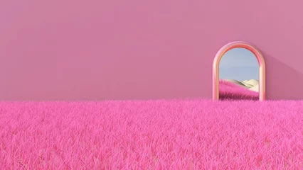 Fotobehang Fluor Roze Meadow in the room. 3D illustration, 3D rendering  © wichuda