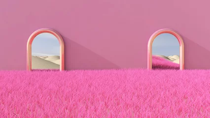 Fotobehang Fluor Roze Meadow in the room. 3D illustration, 3D rendering    © wichuda