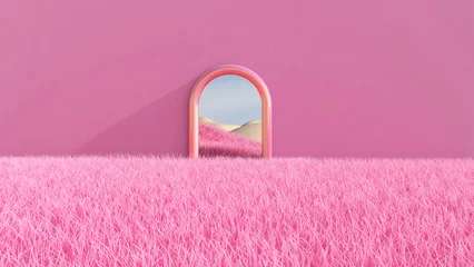 Fotobehang Fluor Roze Meadow in the room. 3D illustration, 3D rendering    © wichuda