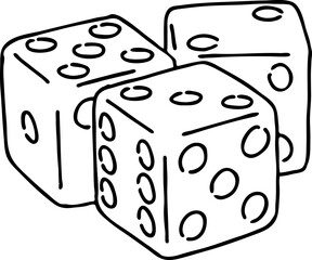 Game dice to try your luck, fortune. Risky funny activity, casino, bet, gambling, addiction, win or lose. Hand drawing retro vintage grey vector illustration. Old style comic cartoon line drawing.