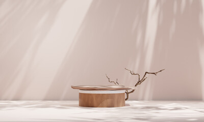 podium rounded wood for product presentation. Natural beauty pedestal, relaxation and health, 3d illustration