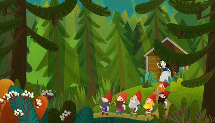cartoon young princess and dwarfs in forest illustration © honeyflavour