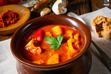 Hungarian goulash soup in a cauldron or pot