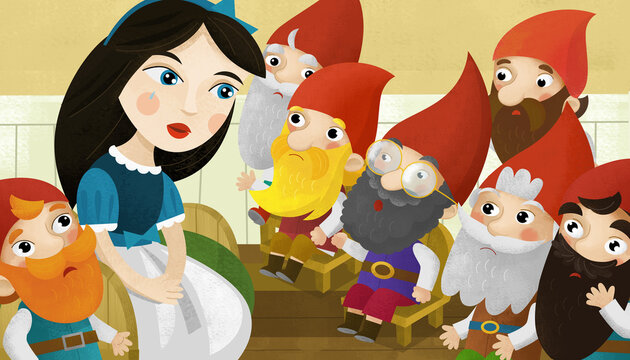 cartoon happy scene with princess and dwarfs in room