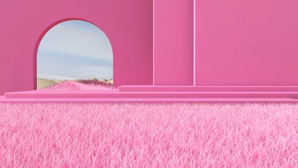 Fotobehang Fluor Roze Meadow in the room. 3D illustration, 3D rendering  © wichuda