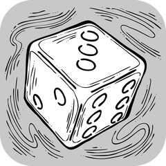 Game dice to try your luck, fortune. Risky funny activity, casino, bet, gambling, addiction, win or lose. Hand drawing retro vintage grey vector illustration. Old style comic cartoon line drawing.