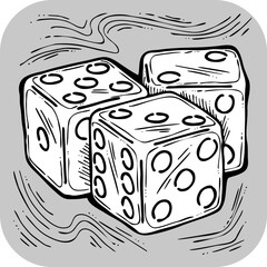 Game dice to try your luck, fortune. Risky funny activity, casino, bet, gambling, addiction, win or lose. Hand drawing retro vintage grey vector illustration. Old style comic cartoon line drawing.
