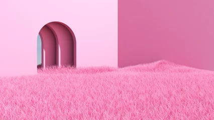 Fotobehang Fluor Roze Meadow in the room. 3D illustration, 3D rendering    © wichuda