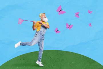 Unusual creative collage photo concept of mature man feel young catching butterflies isolated on...