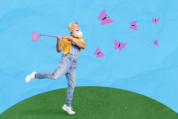 Unusual creative collage photo concept of mature man feel young catching butterflies isolated on field nature painting background