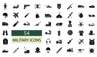 set of 54 fill web military icons. Big pack Icons collection. Vector illustration - obrazy, fototapety, plakaty