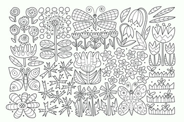 Decorative cute meadow with funny flowers and butterflies. Coloring book for kids. Vector illustration.
