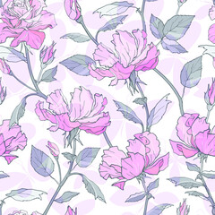 Hand drawing pink roses. Seamless pattern. Vector illustration.