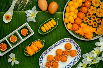Thai traditional dessert concept, Assorted thai desserts served in a plate for auspicious day