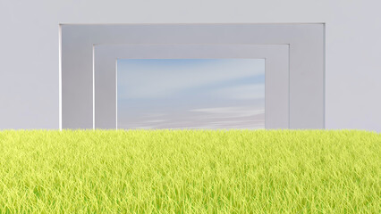 Meadow in the room. 3D illustration, 3D rendering	
