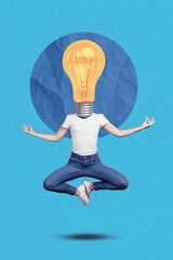 Vertical composite collage picture of person meditate fly big light bulb instead head isolated on...