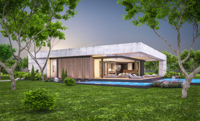 3d rendering of new concrete house in modern style with pool and parking for sale or rent and beautiful landscaping on background. Only one floor. Clear summer evening with cozy light from window