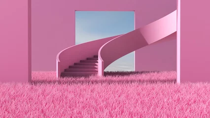 Fotobehang Fluor Roze Meadow in the room. 3D illustration, 3D rendering  © wichuda