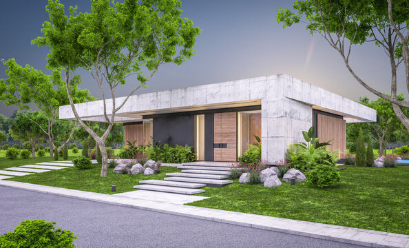 3d rendering of new concrete house in modern style with pool and parking for sale or rent and beautiful landscaping on background. Only one floor. Clear summer evening with cozy light from window