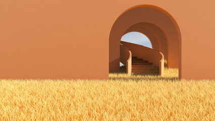 Meadow in the room. 3D illustration, 3D rendering	