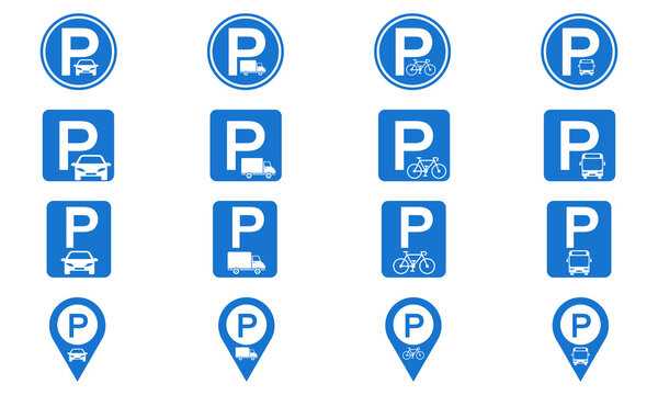 Set with blue parking signs. Parking place from car, bicycle, bus, truck. Road sign on white background.