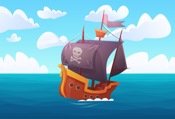 Fantasy adventure of wooden ship with pirate flag in sea harbor vector illustration. Cartoon sea landscape with buccaneers old galleon travel, search of golden treasure by corsairs background