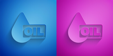 Paper cut Oil drop icon isolated on blue and purple background. Paper art style. Vector