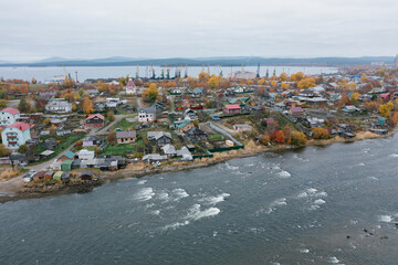 Niva River, Kola Peninsula, Kandalaksha city top view. Russian north, a typical Russian village