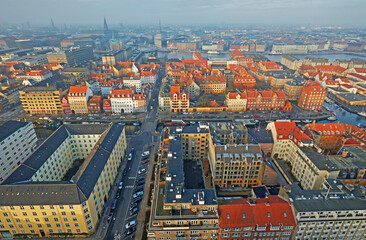 Aerial view of the Docklands of Copenhagen from the 'Church of our saviour' tower