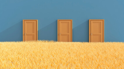 Door on meadow in the empty room with sky background. 3D illustration, 3D rendering	
